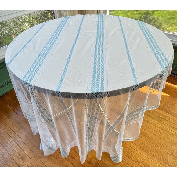 Vintage 80s mesh curtain, white, powder blue vertical stripes, open weave, for 1 - Picture 6 of 9